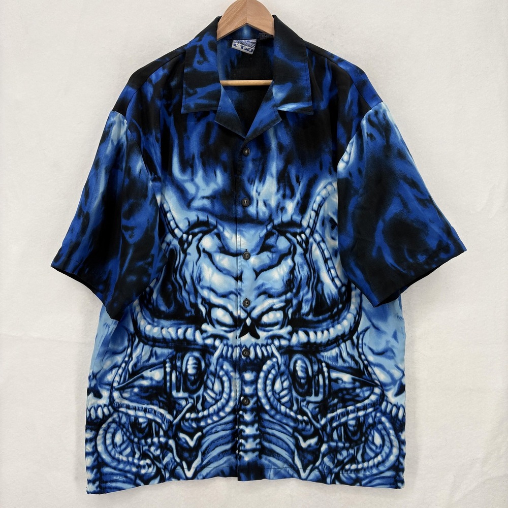Y2K C-Two Shirt Mens XL Blue Black Demon Skull Graphic Button Front Camp Vintage